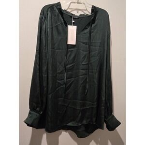 Bloomchic‎ Womens Plus Size Top US 22-24 Forest Green Tie Neck Long Sleeve NWT